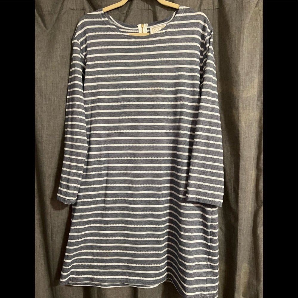 Sail to Sable Long Sleeve Pink and White Striped Dress with gold zipper detail